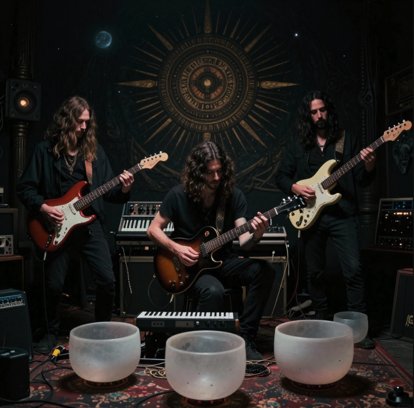 Areunai performing Phrygian Mode in a dark ritual studio before crystal singing bowls